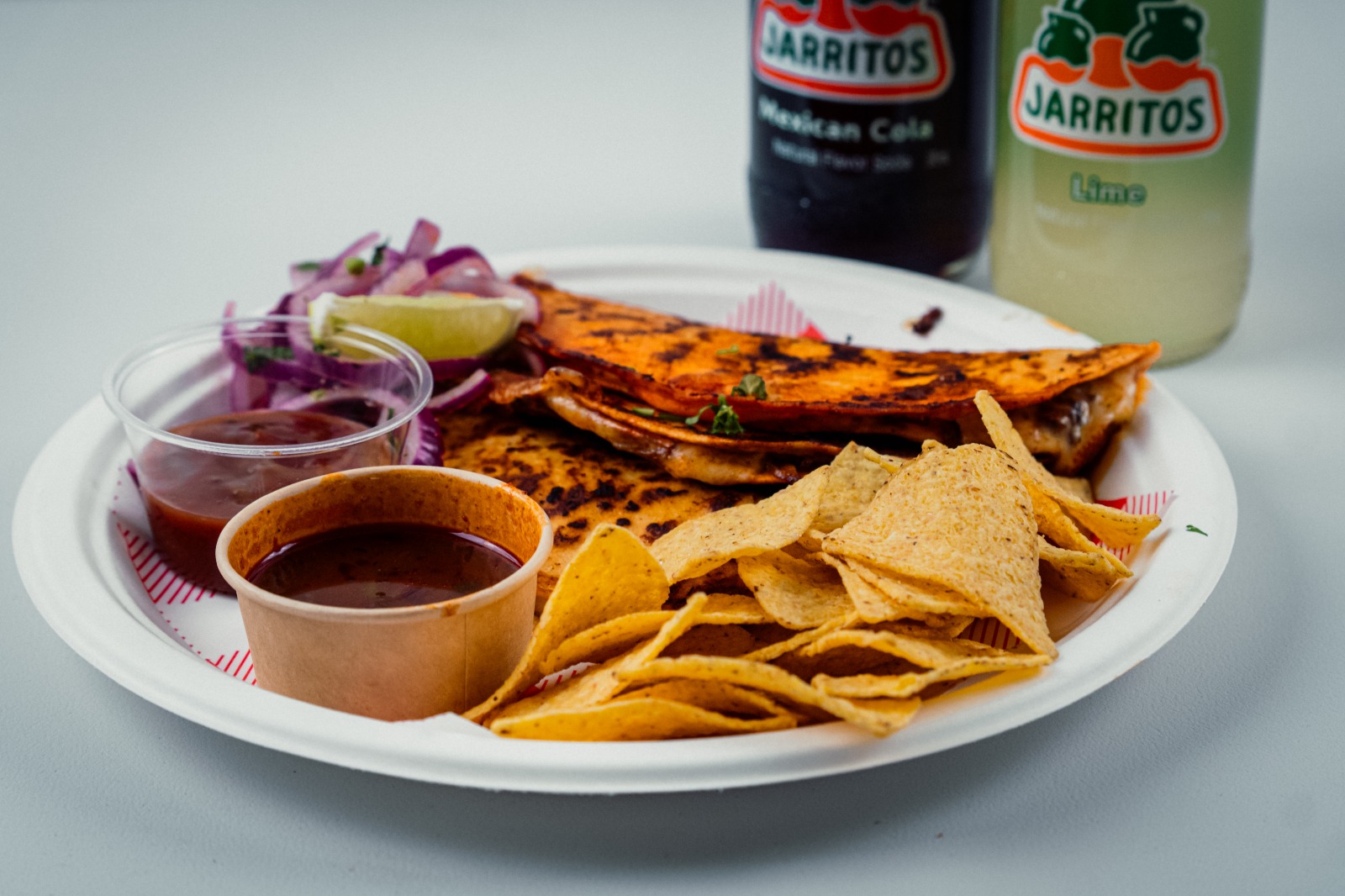 Overhead spread of Mexican street food